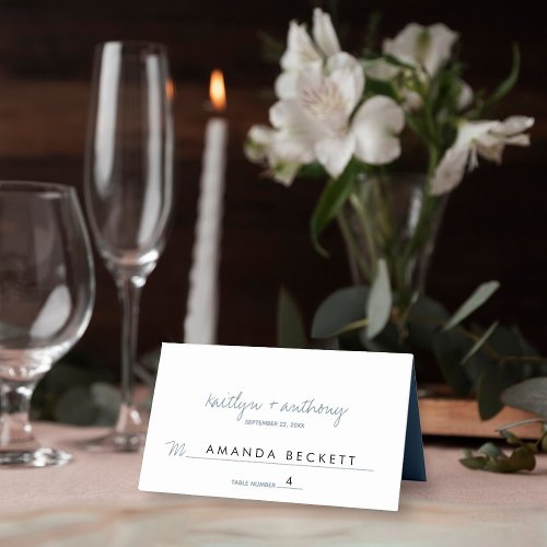 Modern Script Dusty Blue Minimalistic Wedding Place Card