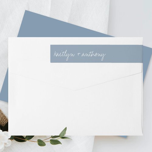 Modern Script Dusty Blue Minimalistic Wedding Wrap Around Label