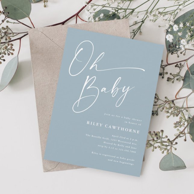 Modern Script Dusty Blue Oh Baby Shower Invitation (Creator Uploaded)