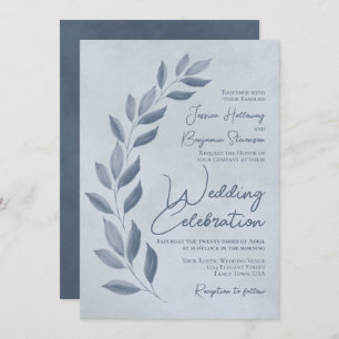Modern Script Dusty Blue & Pewter Leaves Wedding Invitation