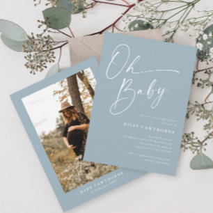 Modern Script Dusty Blue Photo Baby Shower Invitation