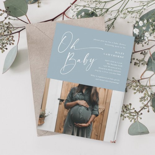 Modern Script Dusty Blue Photo Boy Baby Shower Invitation