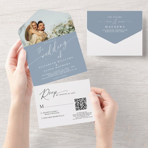 Modern Script Dusty Blue Photo QR Code Wedding All In One Invitation