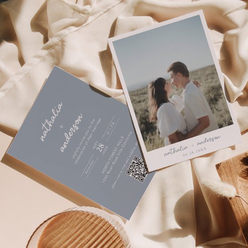 Modern Script Dusty Blue Photo QR Code Wedding Invitation