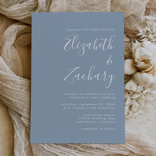 Modern Script Dusty Blue Wedding Invitation (The perfect choice for a dusty blue themed wedding.)