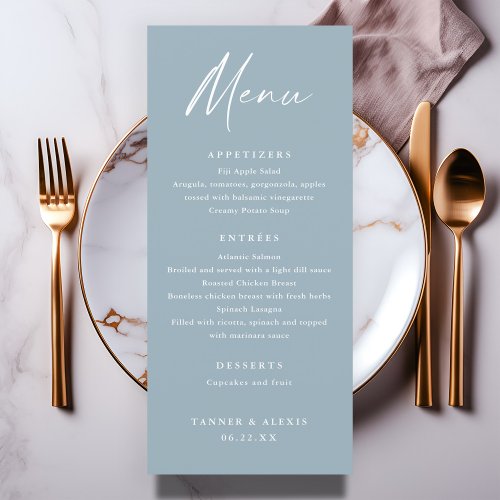 Modern Script Dusty Blue Wedding Menu