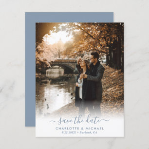 Modern Script Dusty Blue Wedding Photo Announcement