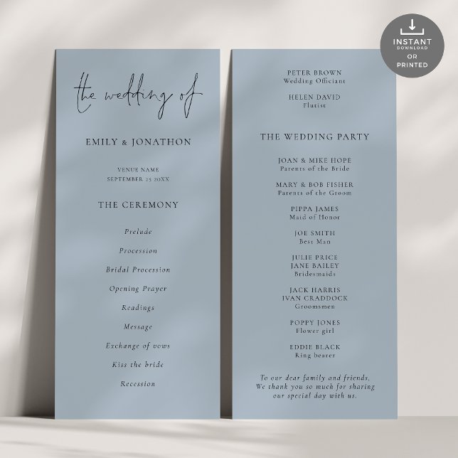 Modern Script Dusty Blue Wedding Program (Front and back view)