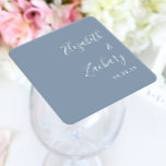 Modern Script Dusty Blue Wedding Square Paper Coaster<br><div class="desc">These simple,  modern wedding coaster favors feature white text aligned to the right margin on a dusty blue background. Add the names of the bride and groom in stylish handwriting calligraphy.</div>