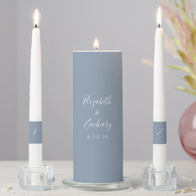 Modern Script Dusty Blue Wedding Unity Candle Set (In Situ)