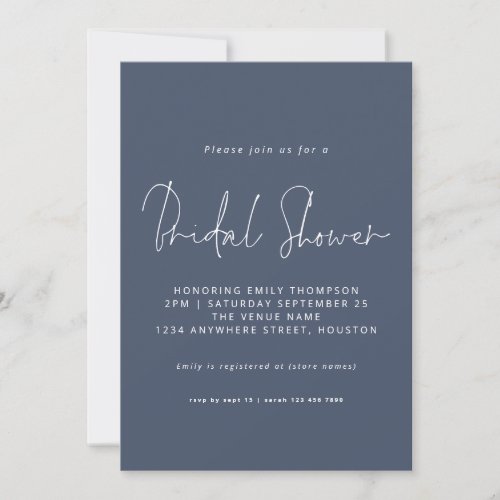Modern Script Dusty Navy Blue Bridal Shower Invitation