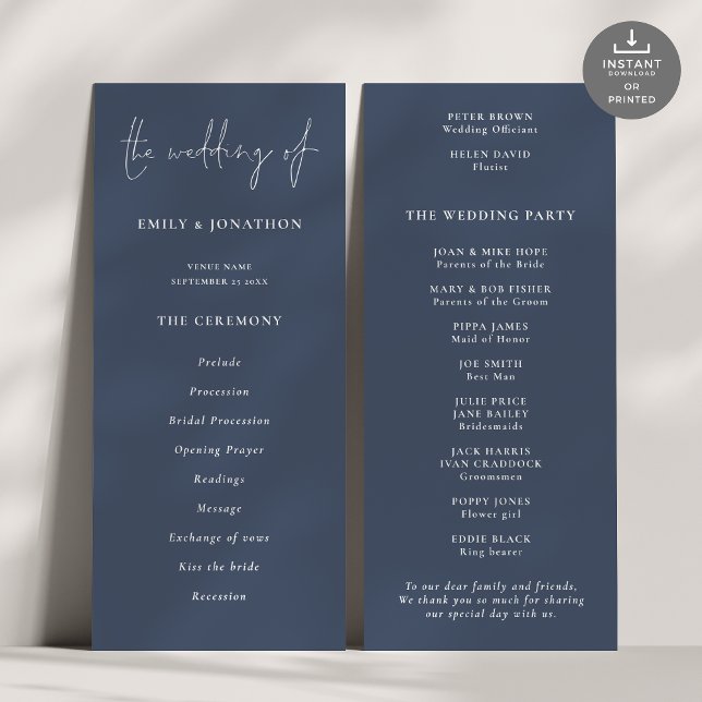 Modern Script Dusty Navy Blue Wedding Program (Front and Back view)
