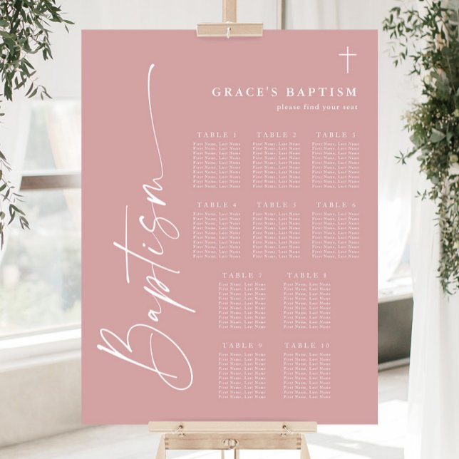 Modern Script Dusty Pink Baptism Seating Chart Foam Board (Modern script dusty pink girls baptism seating chart.)