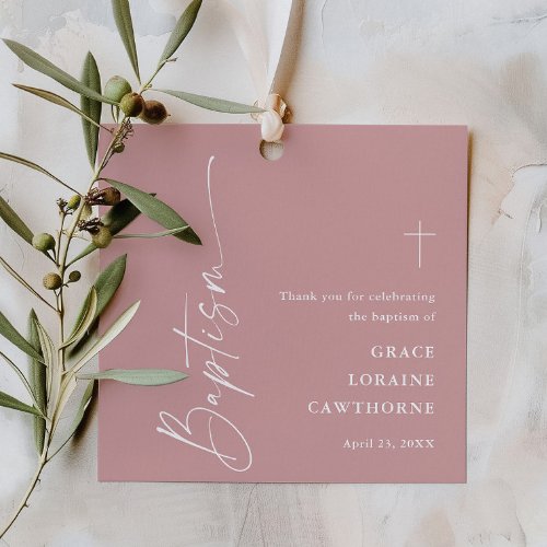 Modern Script Dusty Pink Girls Baptism Thank You Favor Tags