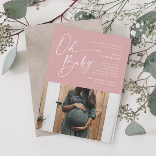 Modern Script Dusty Pink Photo Girl Baby Shower Invitation