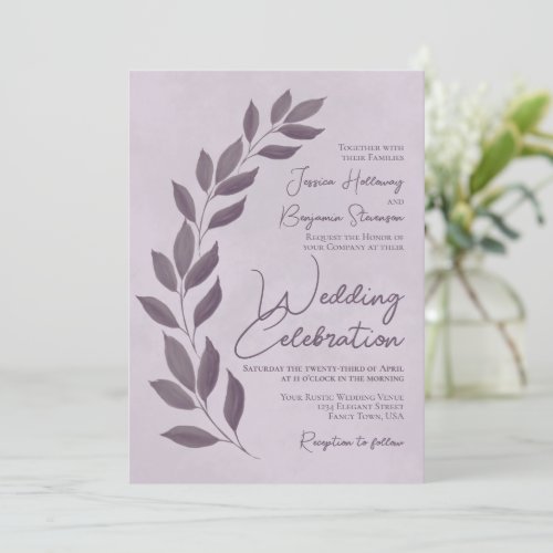 Modern Script Dusty Purple Heather Leaves Wedding Invitation