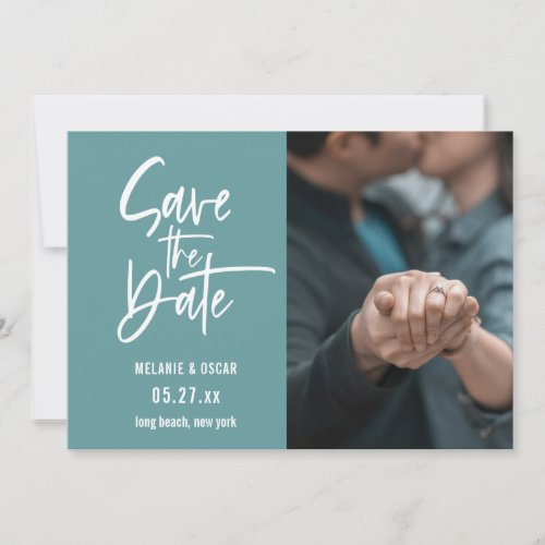 Modern Script Dusty Turquoise Photo Save The Date Announcement