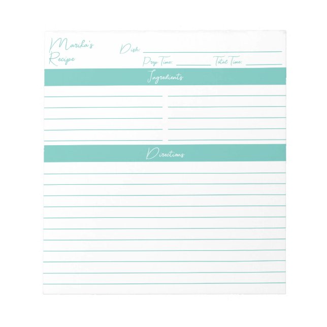 Modern Script Elegant Aqua Personalized Recipes Notepad (Front)