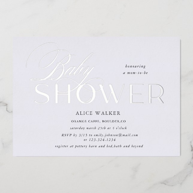 modern script elegant baby shower foil invitation (Front)