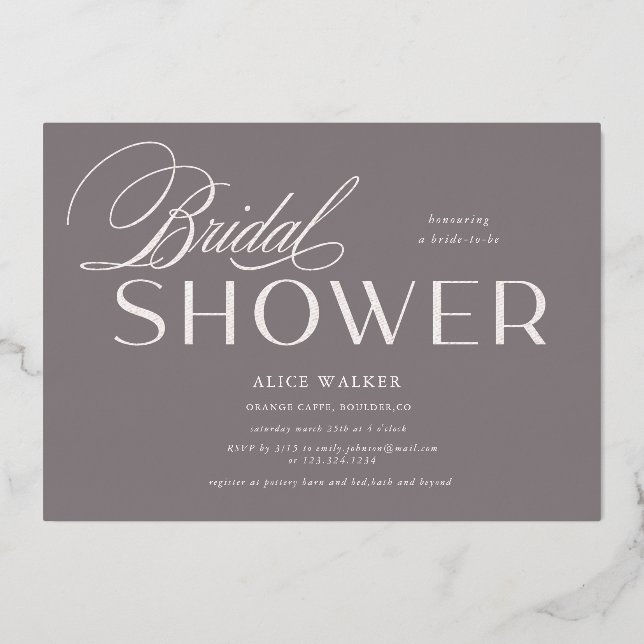 modern script elegant bridal shower foil invitation (Front)