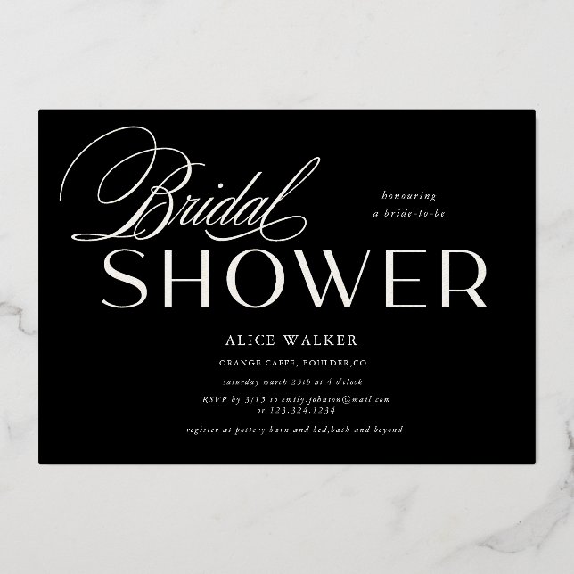 modern script elegant bridal shower foil invitation (Front)