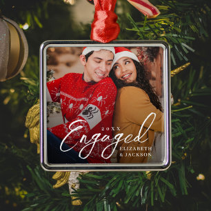 Modern Script Elegant Engaged Couple Photo Metal Ornament