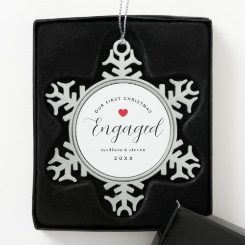 Modern Script Elegant Engagement Personalized Snowflake Pewter Christmas Ornament