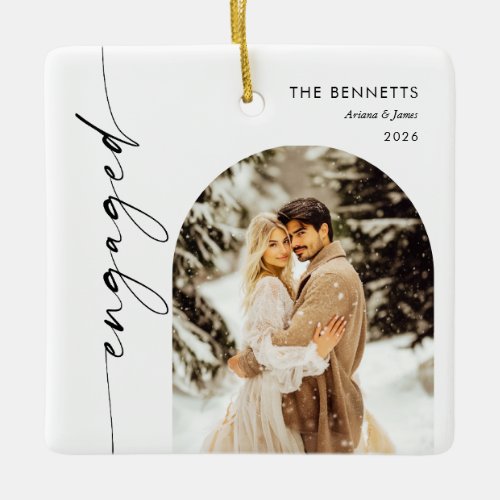 Modern Script Elegant Engagement Photo Keepsake Ceramic Ornament