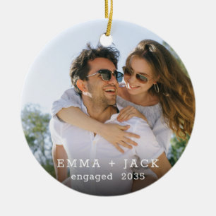 Modern Script Elegant Engagement Photo Keepsake Ceramic Ornament