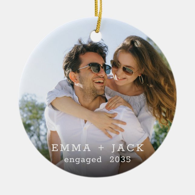 Modern Script Elegant Engagement Photo Keepsake Ceramic Ornament (Front)