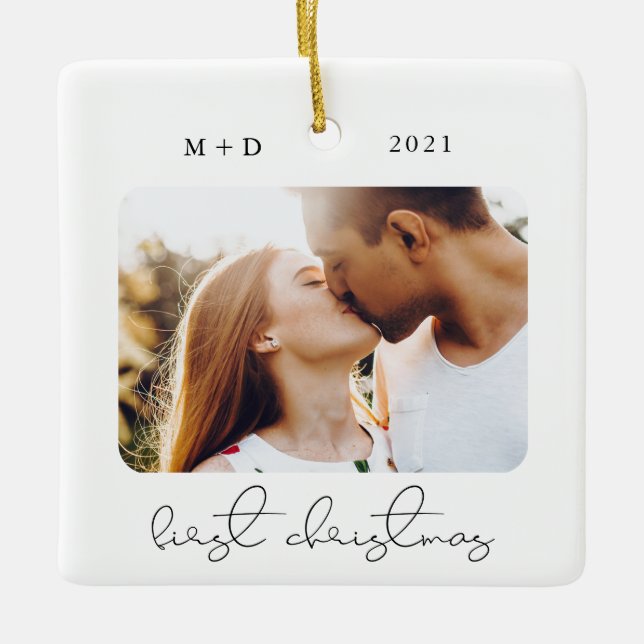 Modern Script Elegant Engagement Wedding Photo Ceramic Ornament (Front)