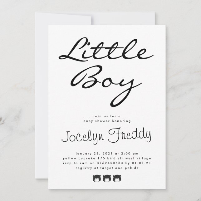 Modern Script Elegant Little Boy Black On White Invitation (Front)
