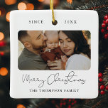 Modern Script Elegant Merry Christmas Photo Ceramic Ornament<br><div class="desc">This modern script photo Merry Christmas ornament features two of your favorite photos (on the front and back) of your new baby,  your family,  or your new house as well as your family name and date.</div>