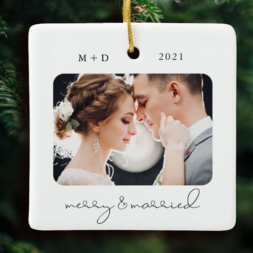 Modern Script Elegant Merry Married Wedding Photo Ceramic Ornament