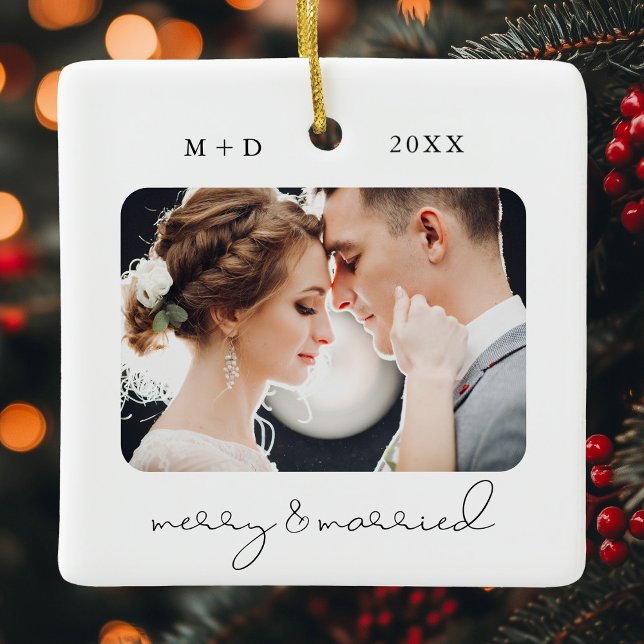 Modern Script Elegant Merry Married Wedding Photo Ceramic Ornament (Creator Uploaded)