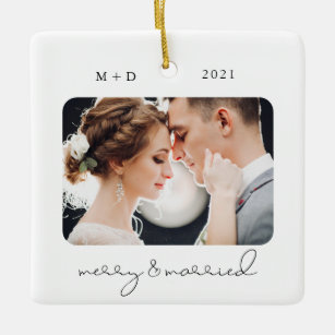 Modern Script Elegant Merry Married Wedding Photo Ceramic Ornament
