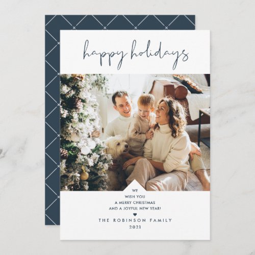 Modern Script Elegant Navy Blue Christmas Photo Holiday Card