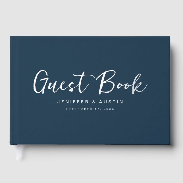 Modern Script Elegant Navy Blue Wedding Foil Guest Book (Front)