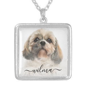 Modern Script Elegant Pet Dog Photo Monogram Silver Plated Necklace