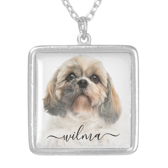 Modern Script Elegant Pet Dog Photo Monogram Silver Plated Necklace (Front)