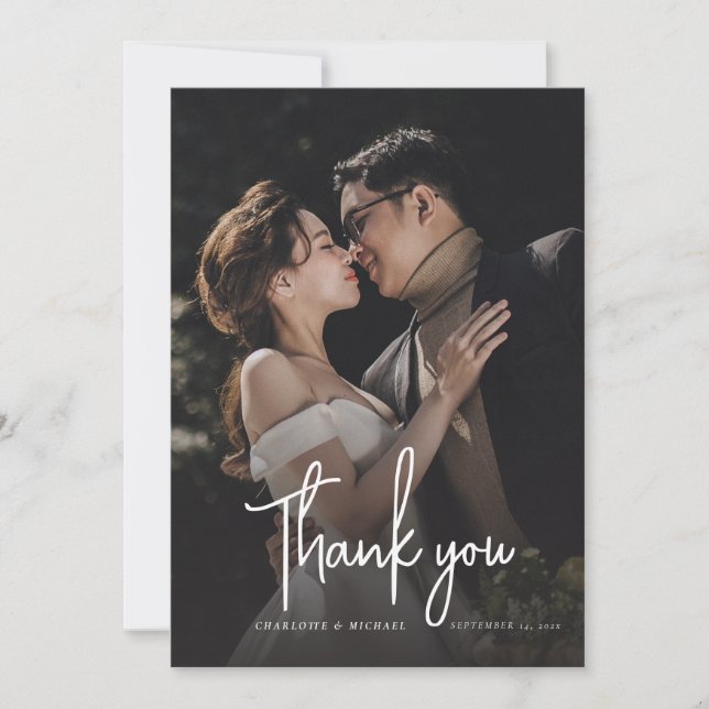Modern Script Elegant Photo Wedding Thank You Card (Front)