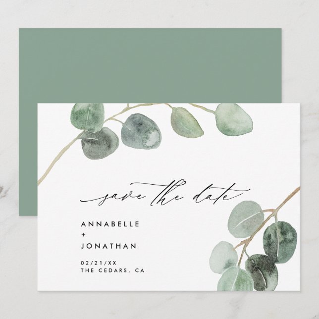 Modern script elegant vintage non photo eucalyptus invitation (Front/Back)