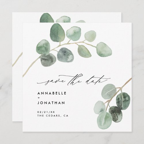 Modern script elegant vintage non photo eucalyptus invitation