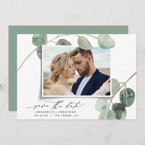 Modern script elegant vintage photo eucalyptus inv invitation