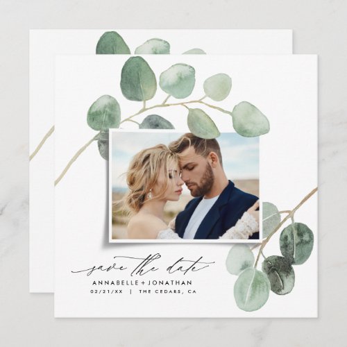 Modern script elegant vintage photo eucalyptus inv invitation