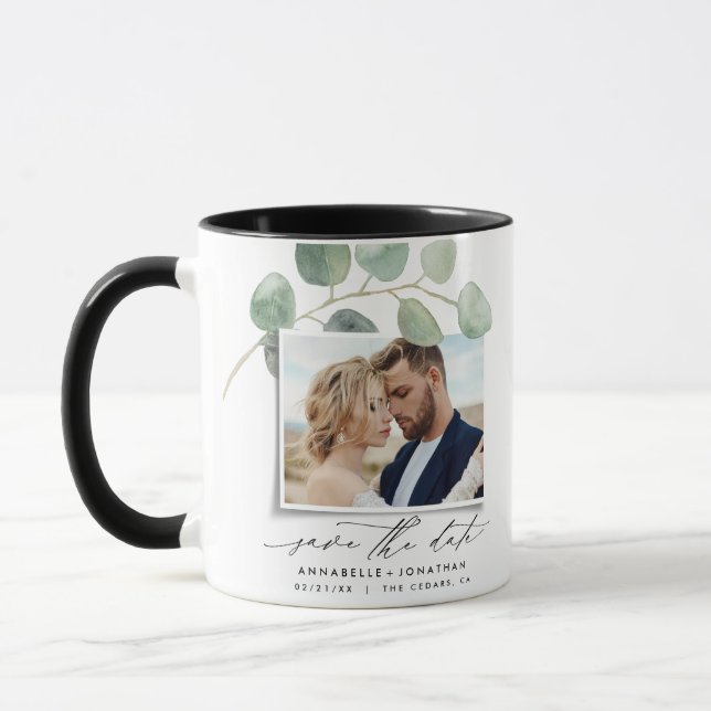 Modern script elegant vintage photo eucalyptus inv mug (Left)