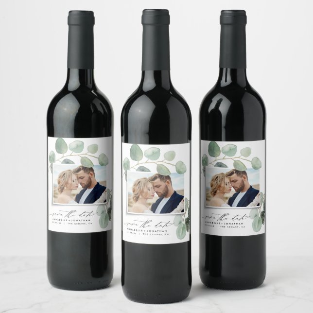Modern script elegant vintage photo eucalyptus inv wine label (Bottles)