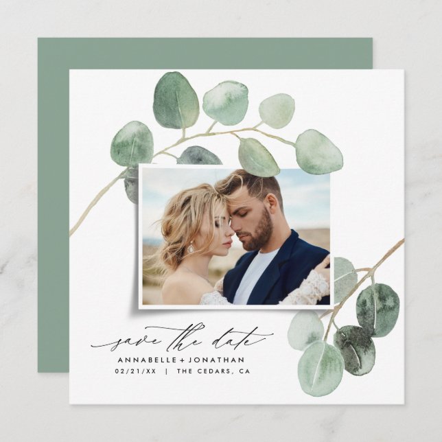 Modern script elegant vintage photo eucalyptus invitation (Front/Back)
