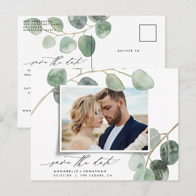 Modern script elegant vintage photo wedding announcement postcard (Front/Back)