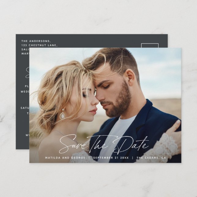 Modern script elegant wedding announcement postcard (Front/Back)